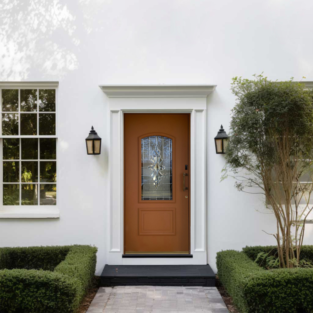 Rjava vhodna vrata z vitraž motivom stekla