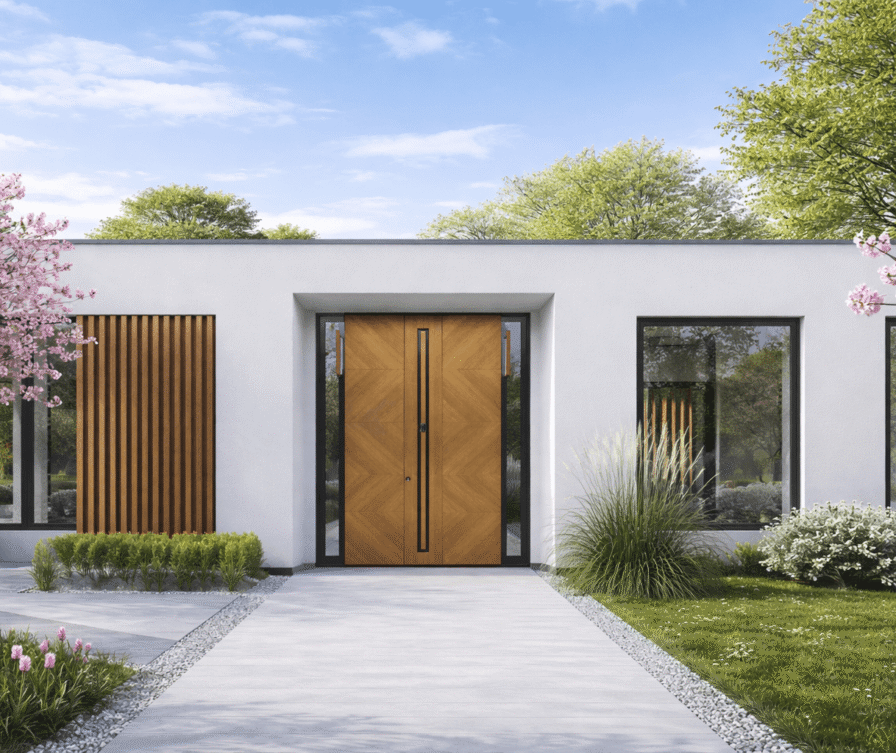 Moderna hiša z belo fasado, lesenimi dodatki in velikimi vhodnimi vrati v lesnem dekorju