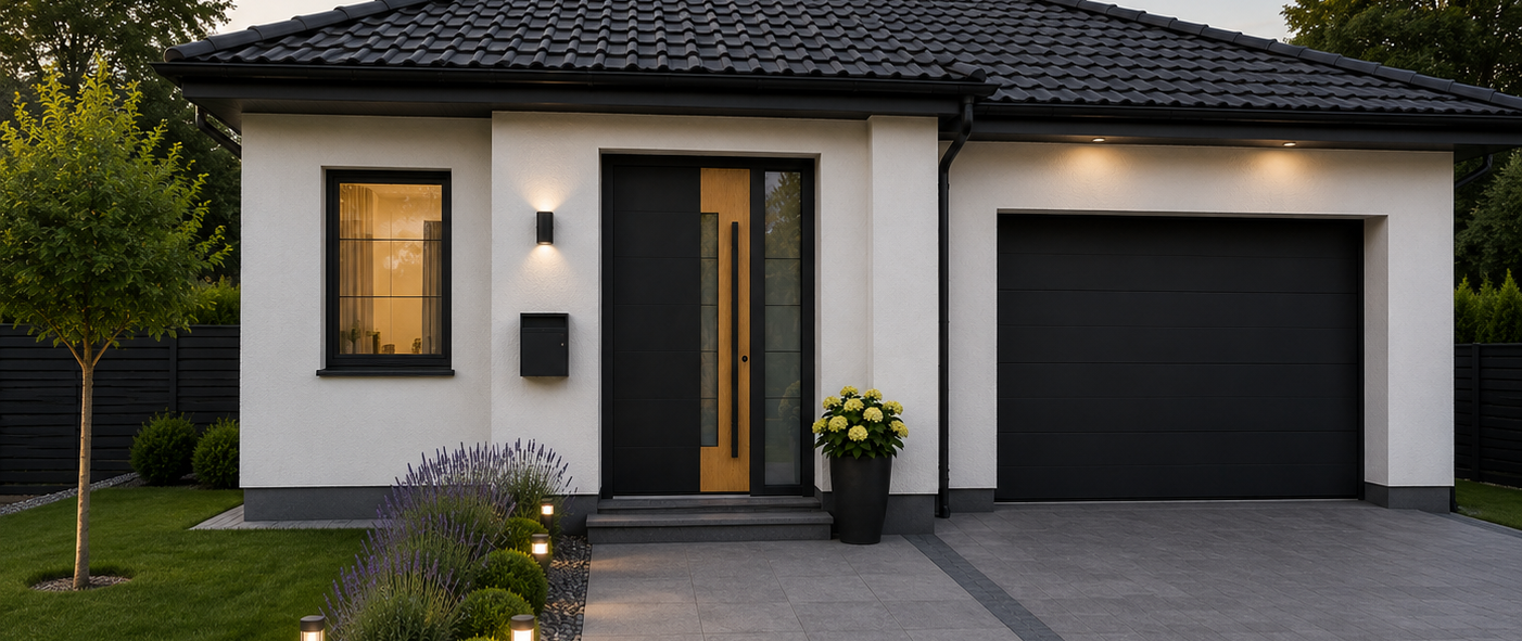 Czarne aluminiowe drzwi wejściowe z dekorem drewna w nowoczesnym domu