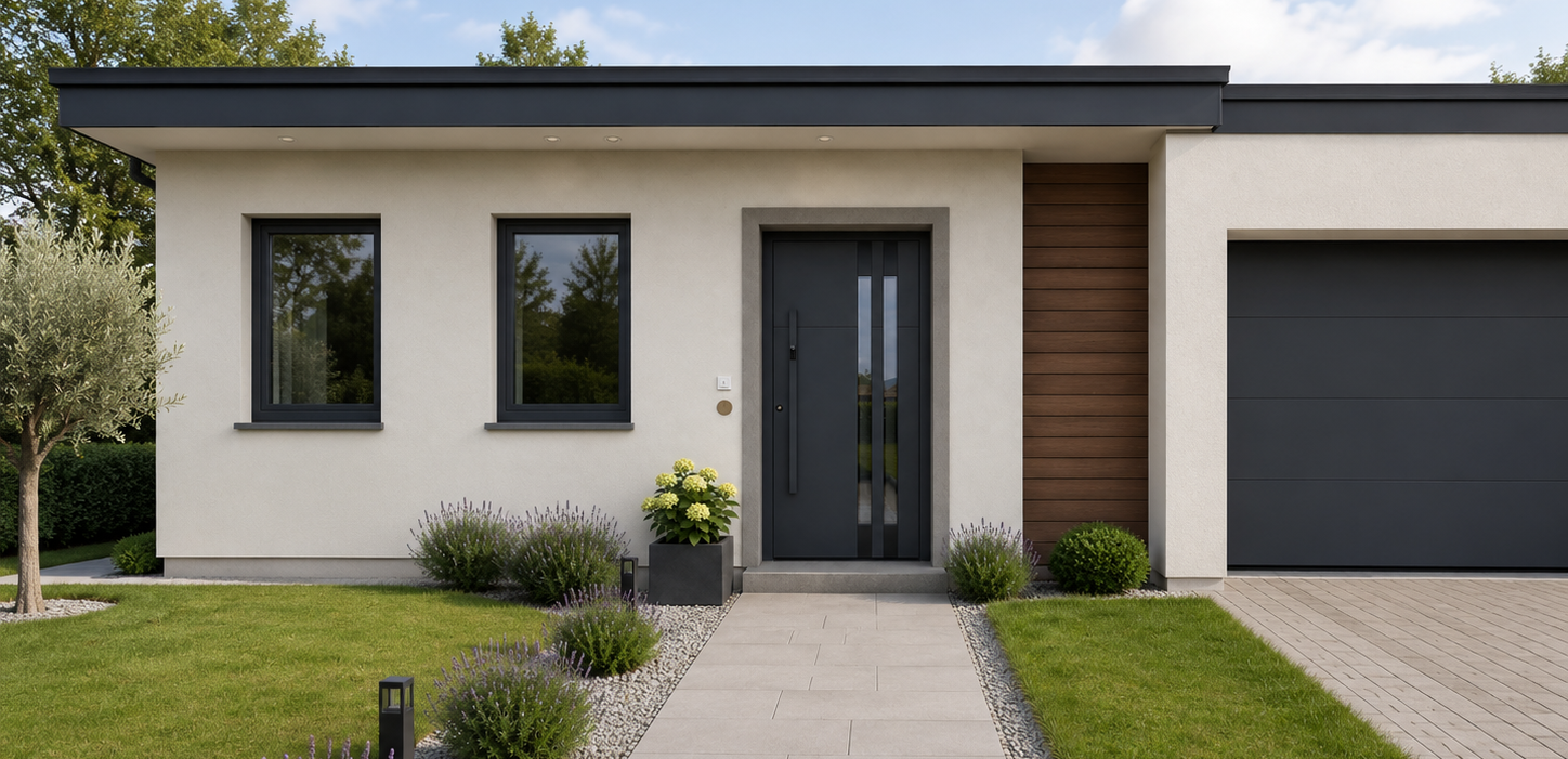 Nowoczesny minimalistyczny dom z czarnymi oknami aluminiowymi i prostymi czarnymi drzwiami wejściowymi z dwoma przeszkleniami
